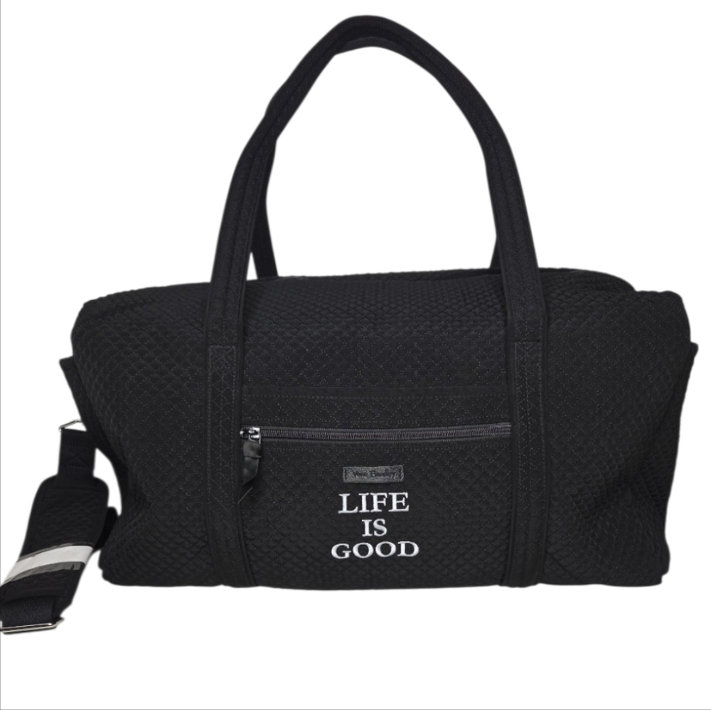 Vera Bradley Embroidered "Life Is Good" Black Quilted Cotton Large Duffle NWOT